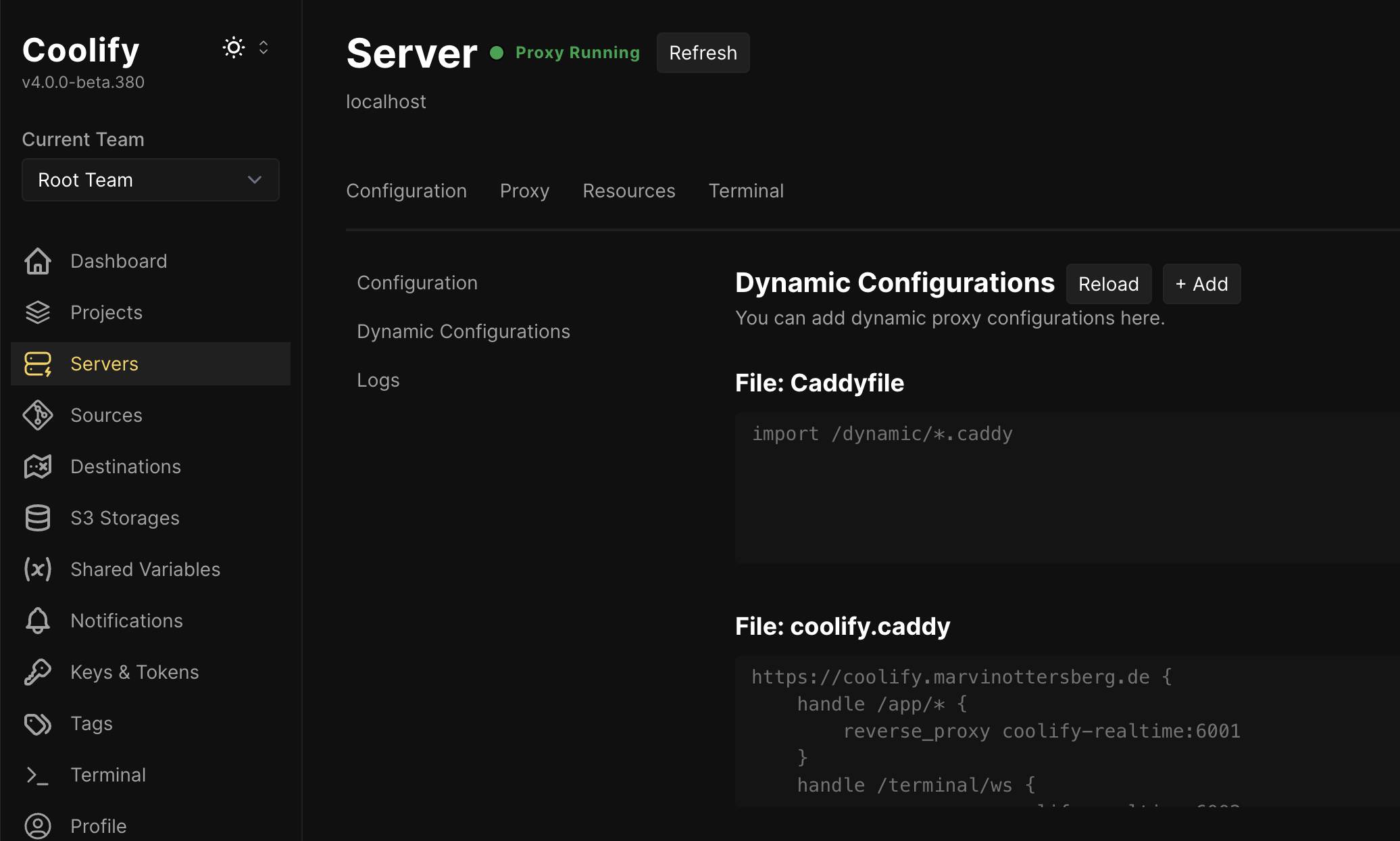 Caddy Proxy configuration in Coolify Dashboard